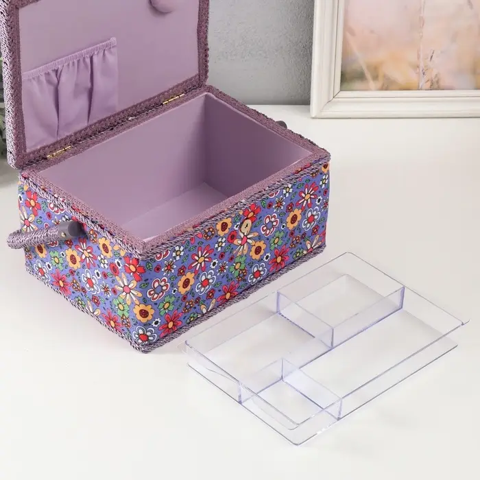 Шкатулка для рукоделия и шитья &laquo;Нарисованные цветы на синем&raquo;, хранение ниток, иголок, мелочи, 19&times;26&times;14.5 см