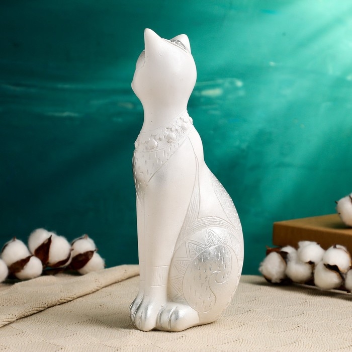 Фигура Фигура "Кот Фараон" белая в серебре, 28см