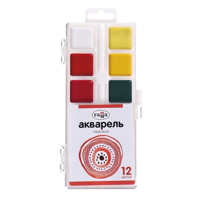 Акварель 12 цветов Гамма, медовая, без кисти, пластиковая упаковка, европодвес Акварель 12 цветов Гамма, медовая, без кисти, пластиковая упаковка, европодвес