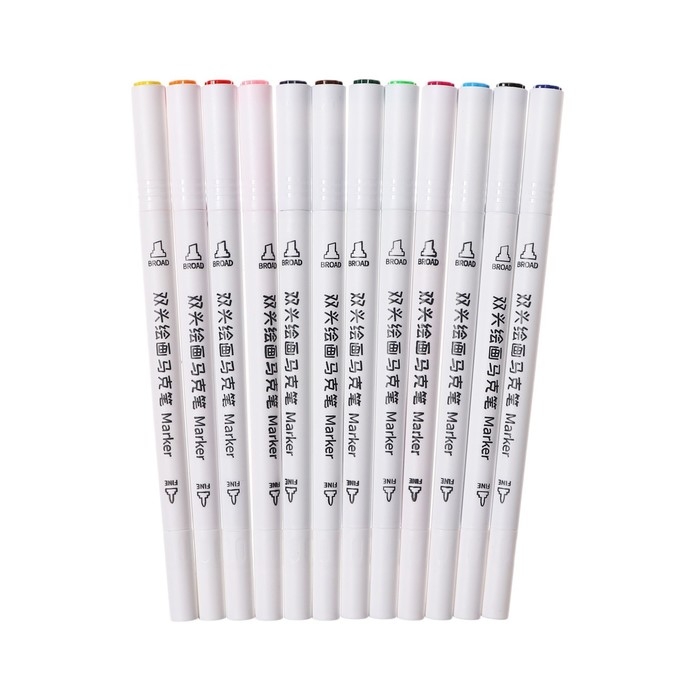 Набор маркеров, 12 цветов, двусторонние, пулевидный и скошенный наконечники Набор маркеров, 12 цветов, двусторонние, пулевидный и скошенный наконечники