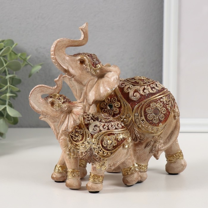 Сувенир полистоун Сувенир полистоун "Слон со слонёнком, цветы и узоры на попоне" золото и беж 15,5х10х16 см