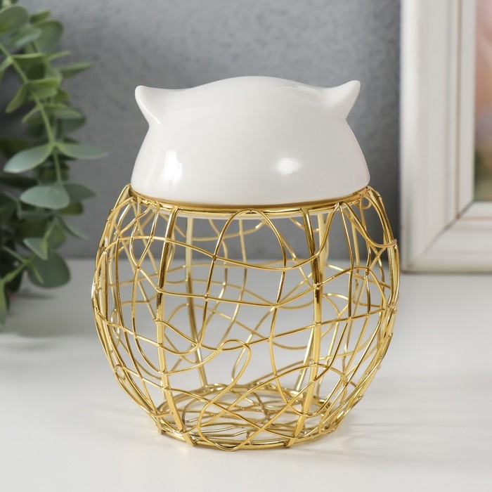 Шкатулка металл, керамика  Шкатулка металл, керамика "Филин. Каракули" белая 10х10х11,5 см