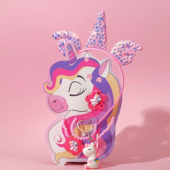 Набор детский «Выбражулька» 5 предметов: ободок, резинка, кулон, браслет, брелок, единорог, цветной Набор детский «Выбражулька» 5 предметов: ободок, резинка, кулон, браслет, брелок, единорог, цветной