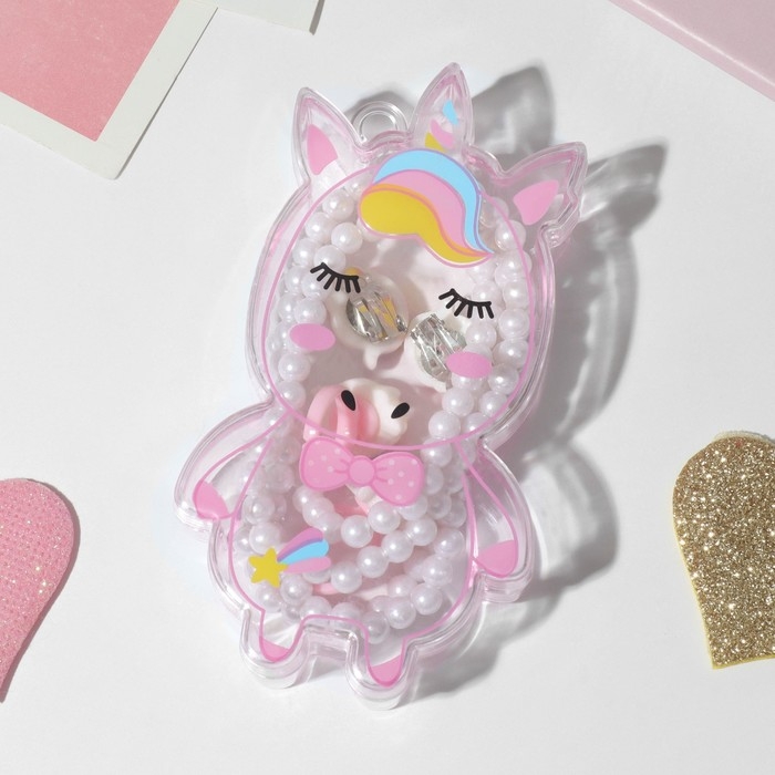 Набор детский 4 предмета: клипсы, бусы, браслет, кольцо «Единорожка», цветной Набор детский 4 предмета: клипсы, бусы, браслет, кольцо «Единорожка», цветной