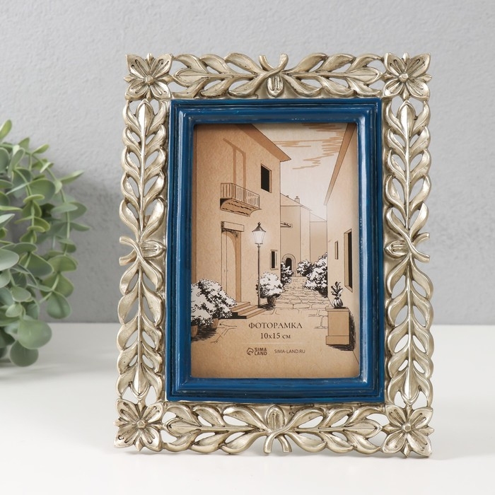 Фоторамка полистоун 10х15 см Фоторамка полистоун 10х15 см "Цветочная коса" синяя с золотом 17,5х1,5х22,7 см