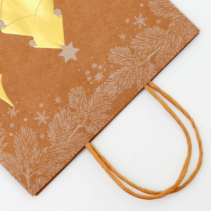 Пакет крафт с золотым тиснением, круглая ручка, Пакет крафт с золотым тиснением, круглая ручка, "Рожденственский лес" 33 х 25 х 12 см, 120 г 10574