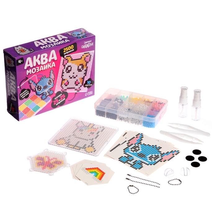 Аквамозаика в контейнере, 2500 шариков, 10 трафаретов, 2 основы Аквамозаика в контейнере, 2500 шариков, 10 трафаретов, 2 основы