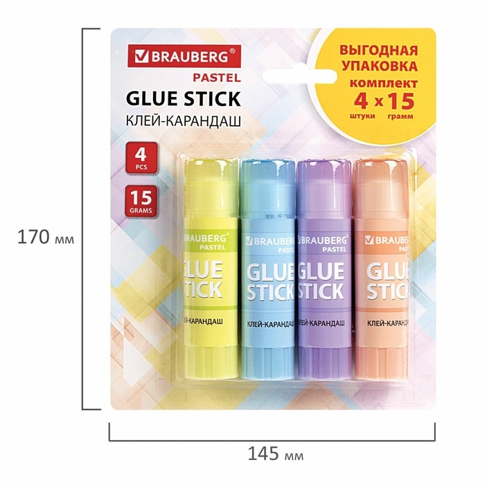 Клей-карандаш PVP 15г BRAUBERG PASTEL, Набор 4шт , блистер 271250 Клей-карандаш PVP 15г BRAUBERG PASTEL, Набор 4шт , блистер 271250