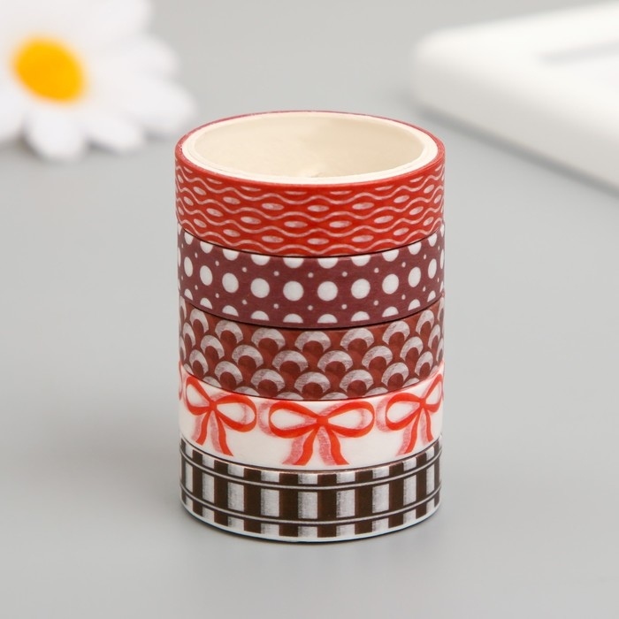 Клейкая лента бумага Клейкая лента бумага "Красные узоры" ширина 1 см намотка 2 м набор 5 шт