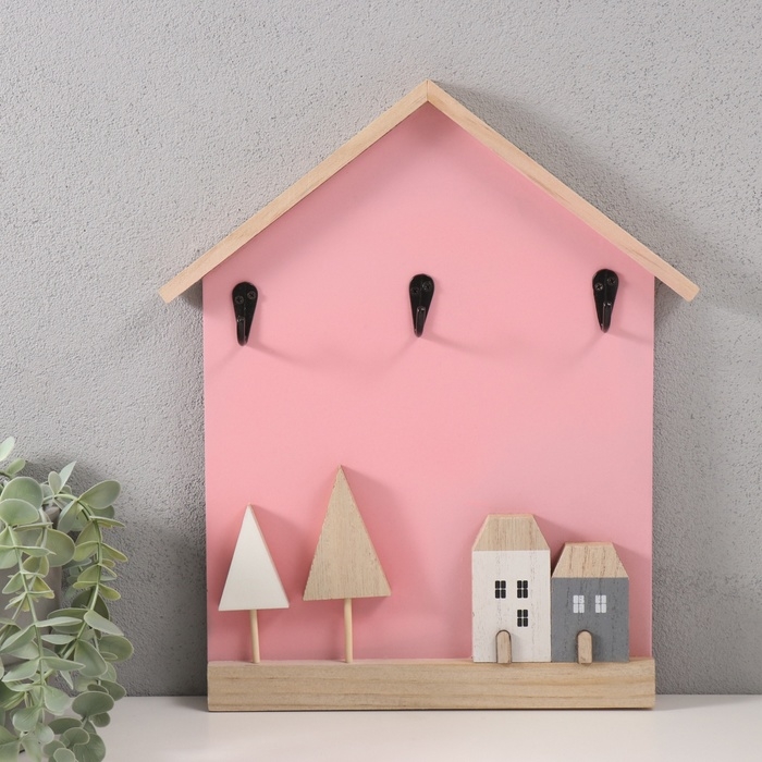 Крючки декоративные дерево Крючки декоративные дерево "Домики и деревья" розовый 28х33,5 см