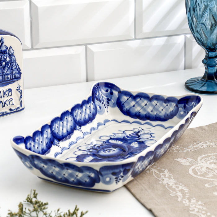 Лоток прямоугольный, гжель, фарфор, 26х15 см Лоток прямоугольный, гжель, фарфор, 26х15 см