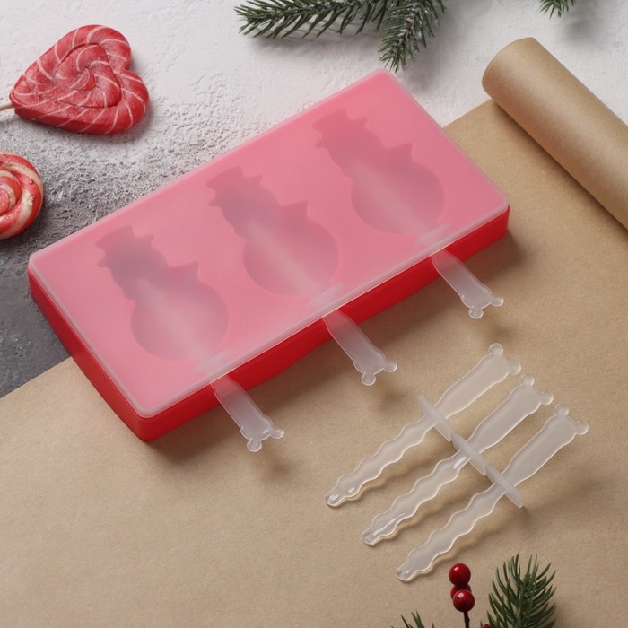 Форма для мороженого новогодняя Доляна «Снеговик», силикон, 18×9×2 см, 3 ячейки, с палочками, цвет красный Форма для мороженого новогодняя Доляна «Снеговик», силикон, 18×9×2 см, 3 ячейки, с палочками, цвет красный