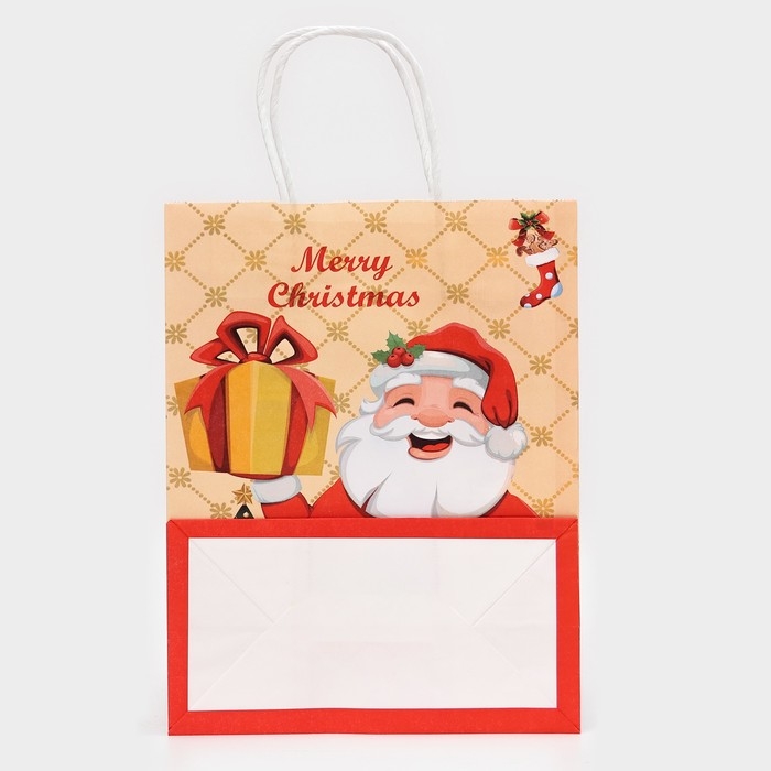 Новый год. Пакет бумажный подарочный новогодний крафт Новый год. Пакет бумажный подарочный новогодний крафт "Дед Мороз с подарком", 27 х 21 х 11 см.