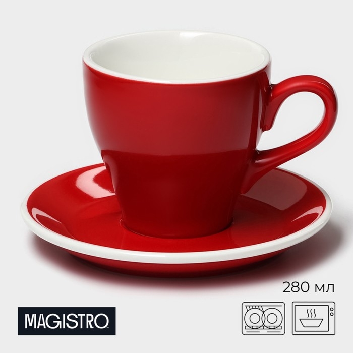Кофейная пара фарфоровая Magistro Coffee time, 2 предмета: чашка 280 мл, блюдце d=15,5 см, цвет красный Кофейная пара фарфоровая Magistro Coffee time, 2 предмета: чашка 280 мл, блюдце d=15,5 см, цвет красный