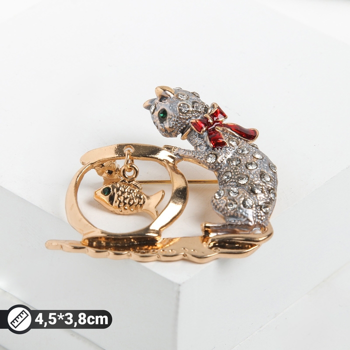 Брошь «Кошка» с аквариумом, цвет серо-красный в золоте Брошь «Кошка» с аквариумом, цвет серо-красный в золоте