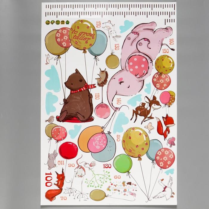 Наклейка пластик интерьерная ростомер  Наклейка пластик интерьерная ростомер "Зверята с воздушными шариками" 60х90 см
