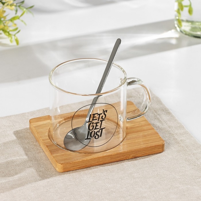 Кружка стеклянная с ложкой на деревянной подставке «Котик», 300 мл, рисунок МИКС Кружка стеклянная с ложкой на деревянной подставке «Котик», 300 мл, рисунок МИКС