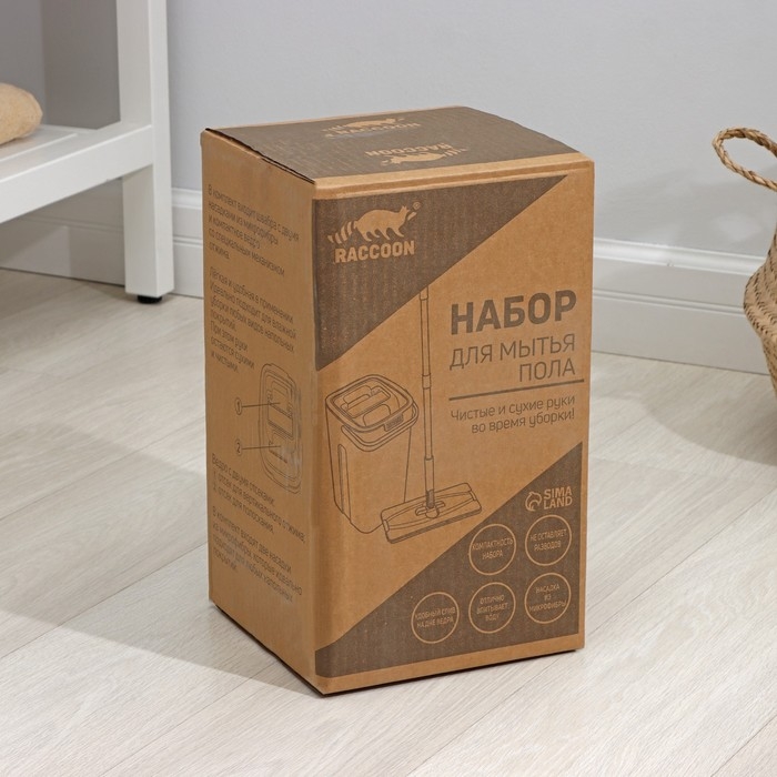 Швабра с отжимом и ведро Raccoon: ведро с отсеками, швабра плоская, 2 кармана, 32×12×142 см, дополнительная насадка из микрофибры Швабра с отжимом и ведро Raccoon: ведро с отсеками, швабра плоская, 2 кармана, 32×12×142 см, дополнительная насадка из микрофибры