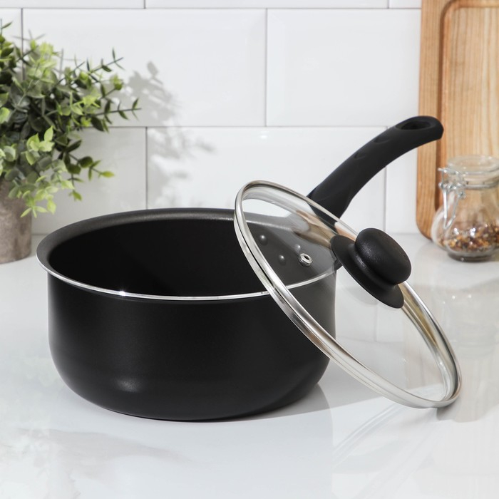 Ковш Consul, 2,7 л, стеклянная крышка, пластиковая ручка, антипригарное покрытие, цвет чёрный Ковш Consul, 2,7 л, стеклянная крышка, пластиковая ручка, антипригарное покрытие, цвет чёрный