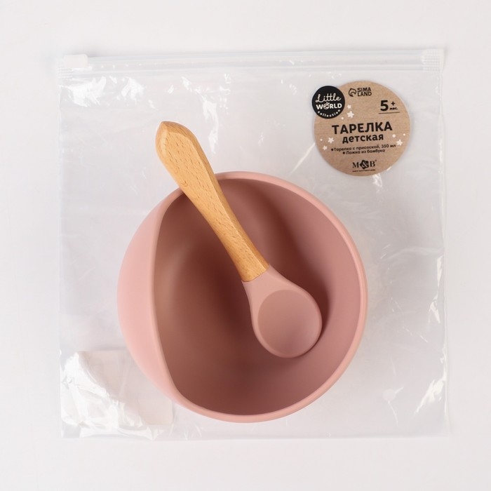 Тарелка детская на присоске, ложка, M&B, пыльная роза Тарелка детская на присоске, ложка, M&B, пыльная роза
