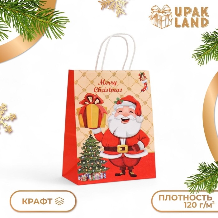 Новый год. Пакет бумажный подарочный новогодний крафт Новый год. Пакет бумажный подарочный новогодний крафт "Дед Мороз с подарком", 27 х 21 х 11 см.