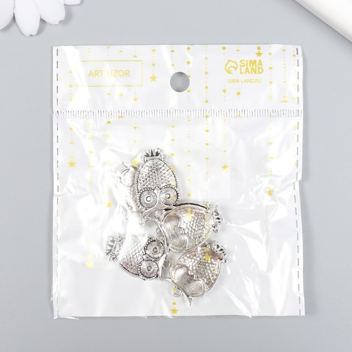 Декор для творчества металл Декор для творчества металл "Филин на ветке" набор 6 шт серебро 1,8х2,9 см