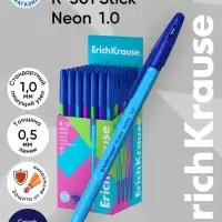 Ручка шариковая ErichKrause R=301 Neon Stick, узел 1 мм, синяя, МИКС