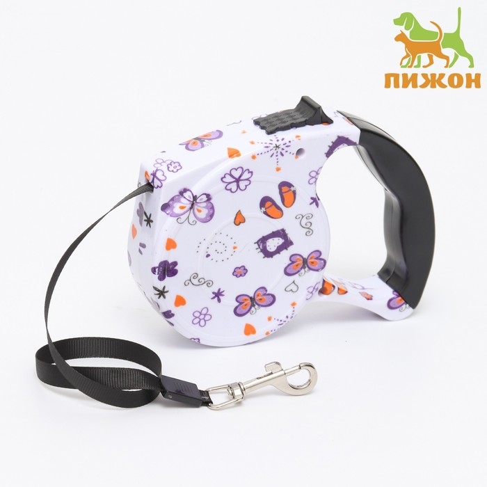 Рулетка с поводком-лентой, резиновая ручка, 5 м, вес животного до 15 кг, узоры на белом Рулетка с поводком-лентой, резиновая ручка, 5 м, вес животного до 15 кг, узоры на белом