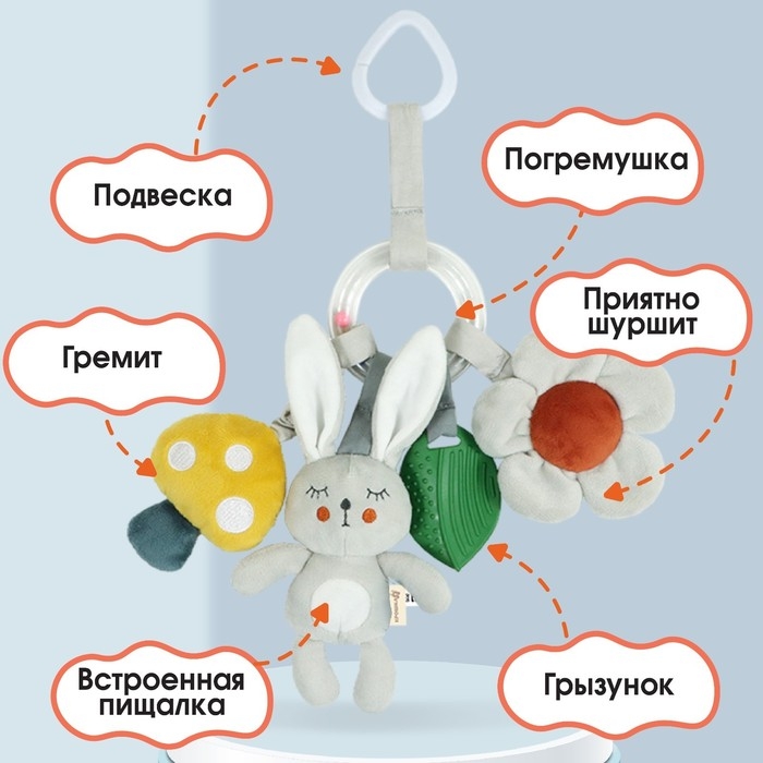 Подвеска - погремушка «Зайка Бонни», прорез, пищалка, шуршалка, на кроватку, коляску, Крошка Я Подвеска - погремушка «Зайка Бонни», прорез, пищалка, шуршалка, на кроватку, коляску, Крошка Я