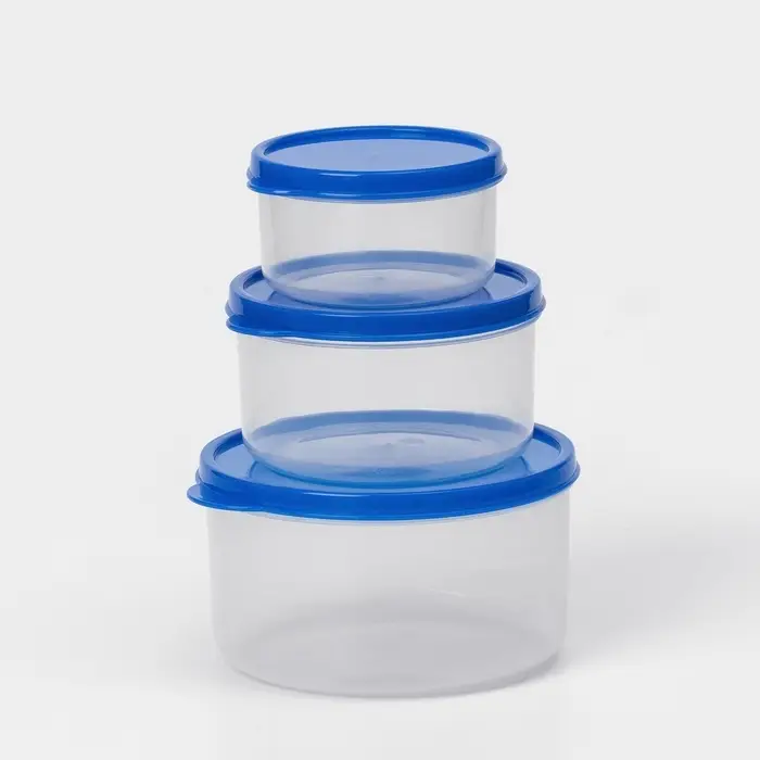Набор контейнеров пищевых круглых Доляна, 3 шт: 150 мл, 300 мл, 500 мл, прозрачные, крышка синяя Набор контейнеров пищевых круглых Доляна, 3 шт: 150 мл, 300 мл, 500 мл, прозрачные, крышка синяя