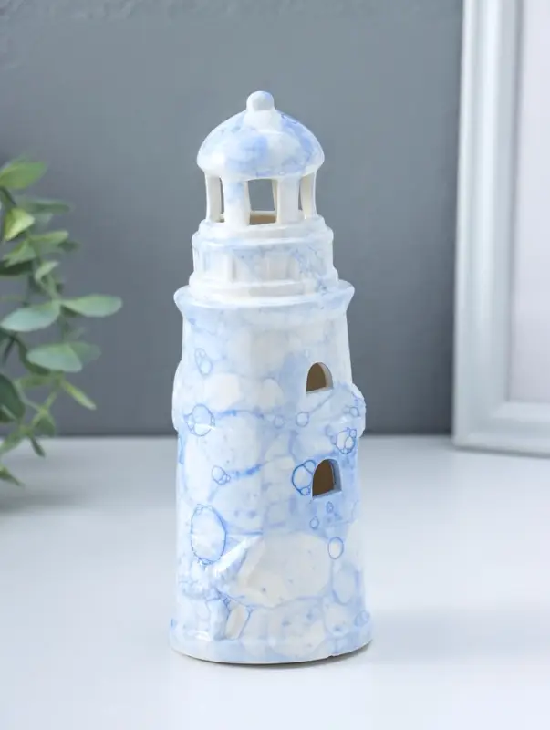 Сувенир керамика свет "Маяк" мраморный бело-синий 6,5х6,5х18 см