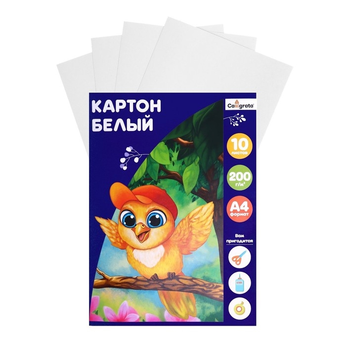 Картон белый А4 10 листов, Calligrata, 200 г/м2, немелованный, односторонний, в папке Картон белый А4 10 листов, Calligrata, 200 г/м2, немелованный, односторонний, в папке