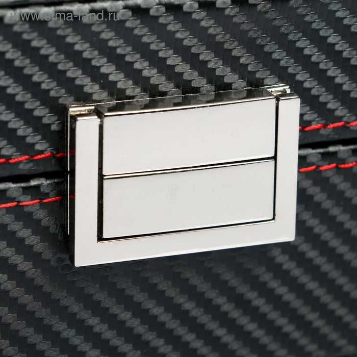 Шкатулка кожзам под часы 10 отделений "Карбон с красной строчкой" 8х28х21 см