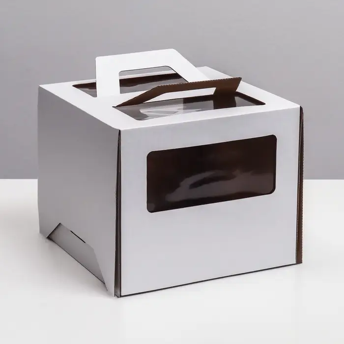 Коробка под торт 2 окна, с ручками, белая, + подложка 2.5 золото - белый, 28&times;28&times;20 см