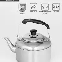 Чайник со свистком, 3.5 л, нержавеющая сталь, хромированный