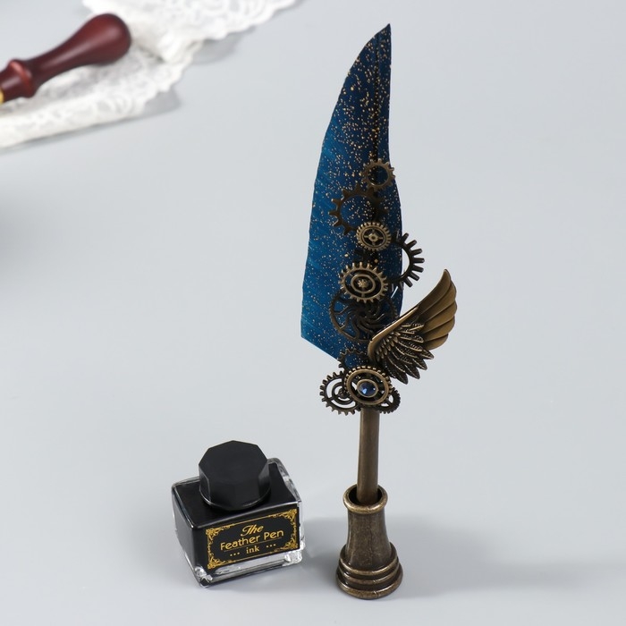 Набор ручка перьевая со сменными перьями+подставка+чернила   Набор ручка перьевая со сменными перьями+подставка+чернила  "Механизмы" 26х12х4 см