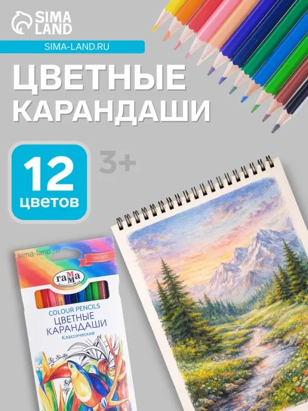 Карандаши цветные 12 цветов &laquo;Гамма. Классические&raquo;, стержень d=2.6 мм, шестигранные