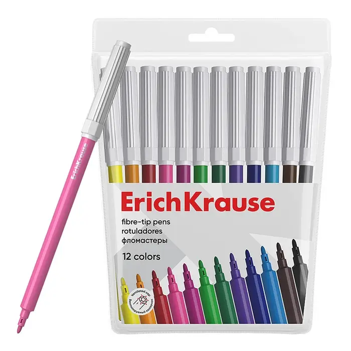 Фломастеры 12 цветов ErichKrause Basic, на водной основ, вентилируемый колпачок