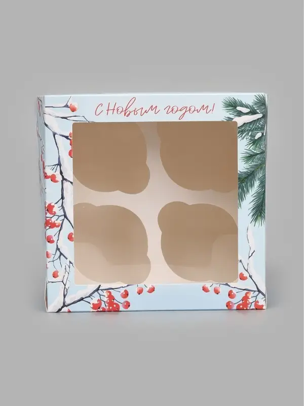 Коробка для 4 капкейков &laquo;Снегири&raquo;, 16 х 16 х 10 см