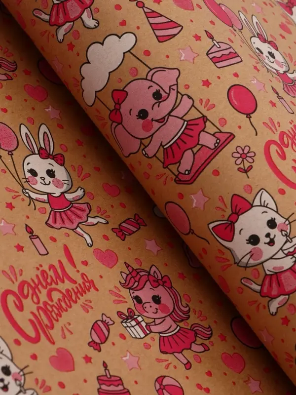 Бумага упаковочная крафт "С днём рождения!", белый/розовый, 0,7 х 10&plusmn; 5% м, 60 гр