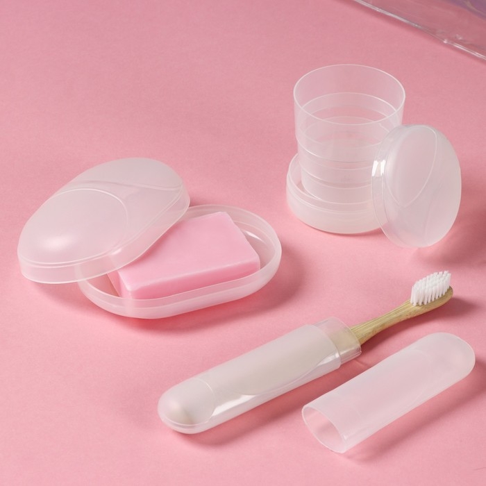 Набор дорожный Доляна, 3 предмета в косметичке, футляр для зубной щётки, мыльница, стакан складной, прозрачный Набор дорожный Доляна, 3 предмета в косметичке, футляр для зубной щётки, мыльница, стакан складной, прозрачный