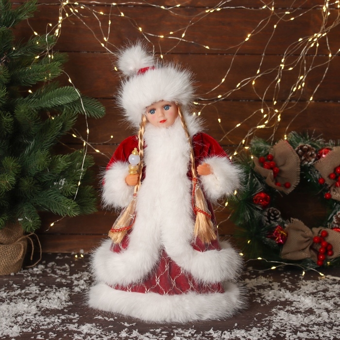 Снегурочка  Снегурочка "В пушистой шубке, с фонариком" двигается, с подсветкой, 40х20 см, красный