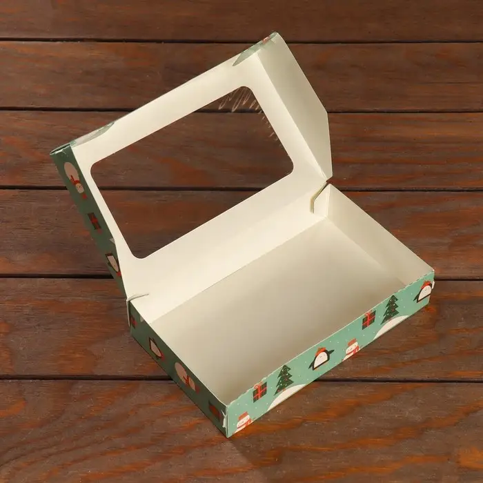 Коробка складная «Пингвины и снеговики», зеленая, 20×12×4 см