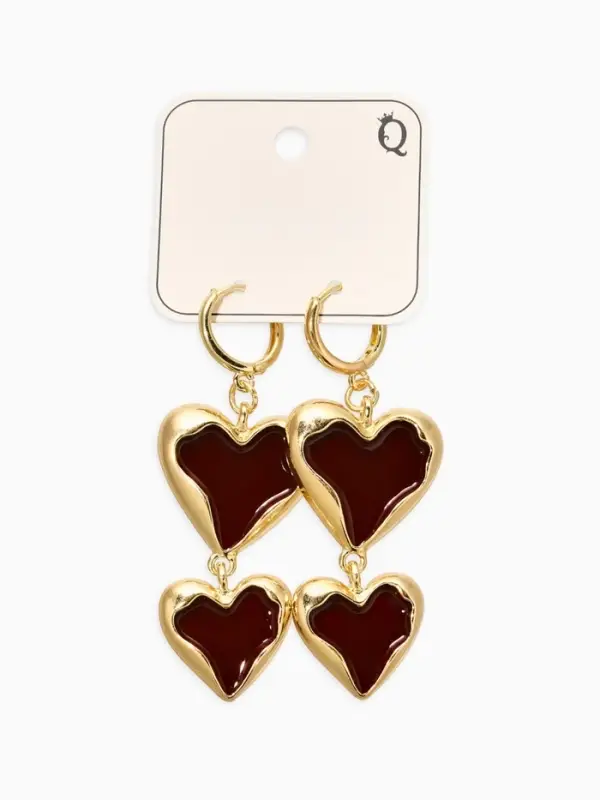 Серьги "Два сердца" корейский стиль, цвет красный в золоте
