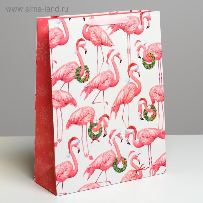 Пакет подарочный новогодний ламинированный «Новогодний фламинго», L 31 х 40 х 11,5 см