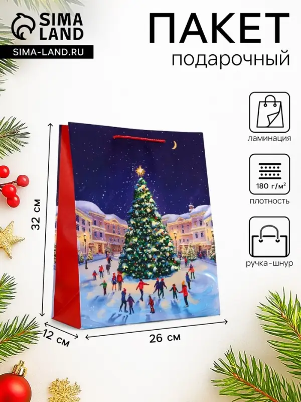 Пакет подарочный новогодний ламинированный, &laquo;Новогодний каток&raquo;, 26&times;12&times;32 см