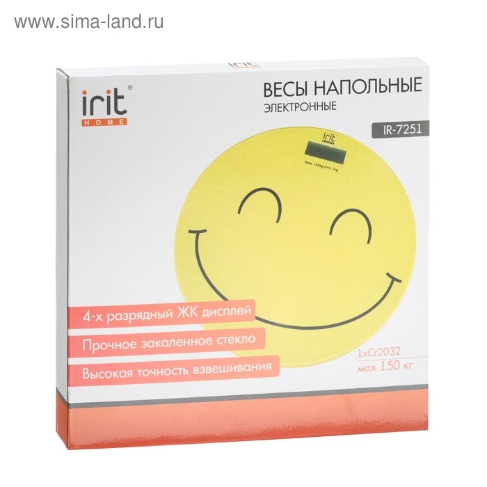 Весы напольные Irit IR-7251, электронные, до 150 кг, стекло, 1хCR2032, рисунок  Весы напольные Irit IR-7251, электронные, до 150 кг, стекло, 1хCR2032, рисунок "смайлик"