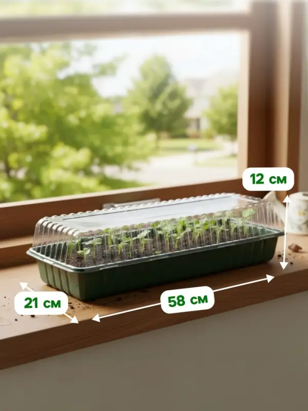 Мини - парник для рассады, 58&times;21&times;12 см, без вставок, тёмно-зелёный, пластик, Greengo
