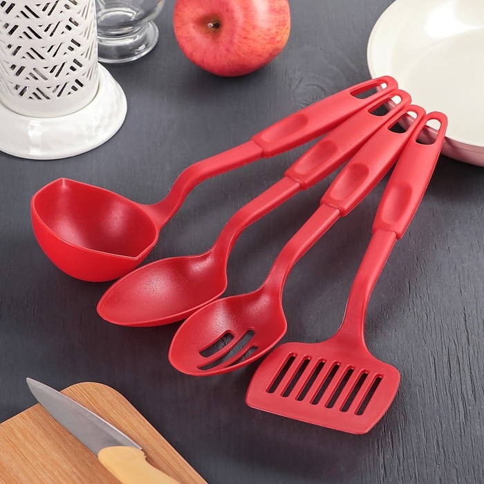 Набор кухонных принадлежностей Доляна &laquo;Радуга&raquo;, 30 см, 4 предмета, цвет красный