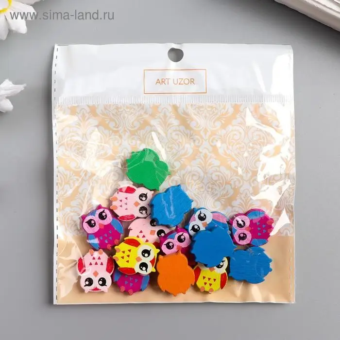 Бусины для творчества дерево  Бусины для творчества дерево "Яркие совы" набор 15 шт 2,1х1,8х0,5 см